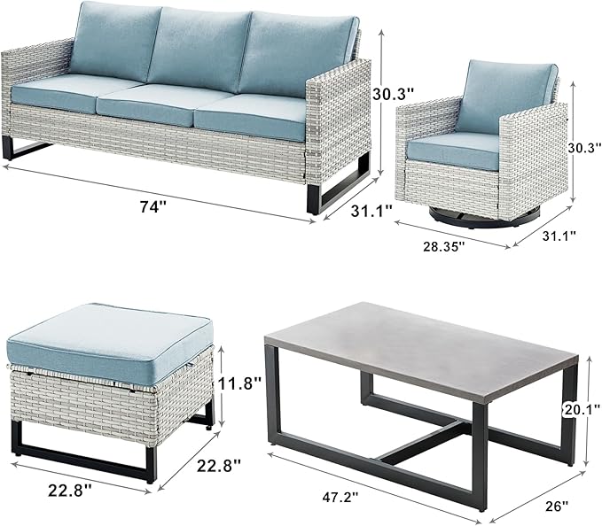 Wicker Outdoor Patio Furniture Set - 8 Piece Patio Conversation Set with 4 Swivel Rocker Chairs,2 Rattan Ottoman,1 Couch and 1 Metal Coffee Table for Outside Porch Deck Backyard(Light Grey/Sky Blue)