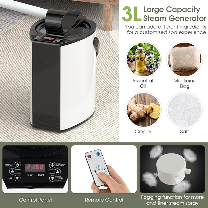 COSTWAY Portable Steam Sauna, Personal Home Sauna Tent w/ 3L Steam Generator, Foldable Chair, Remote Control, 9-Level Adjustable Temperature, Timer, Full-Size Indoor Steam Room for Home Spa (Grey)