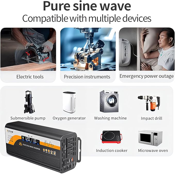500W Pure Sine Wave Inverter (1000W Peak), 12V/24V Auto-Detect, 50Hz/60Hz Switchable, LCD Display, Type-C Fast Charging, Silent Design, Overload & Overheat Protection for RV, Home (Black-500W)