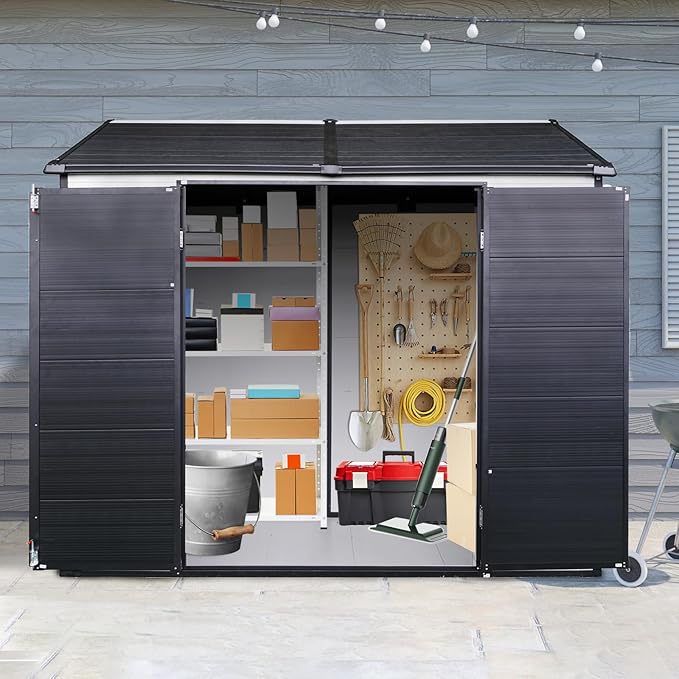 8x6 ft Resin Outdoor Storage Shed with Two-Window and Double-Door, Plastic Shed with Floor for Gargen, Patio, Yard, Lawn, Grey (1 Doors) (Grey White, 8x6 ft)