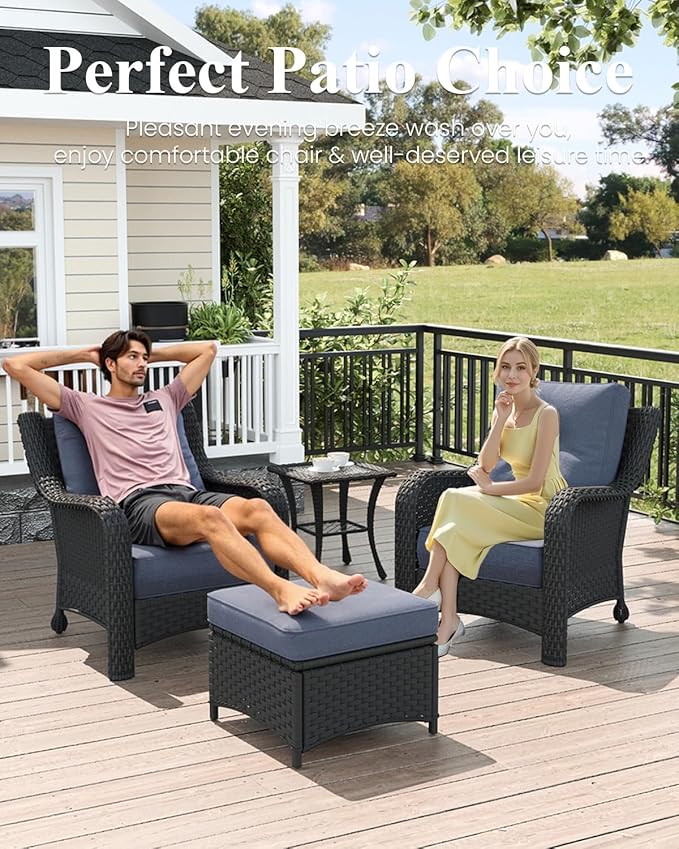 LayinSun 3 Piece Wicker Outdoor Furniture Set with 6-inch Comfy Cushions, High Back Patio Furniture Set with Rattan Armchairs and Side Table
