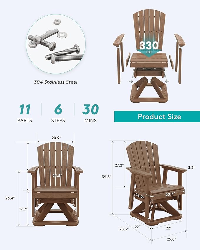 SERWALL Adirondack Swivel Glider Chair, HDPE Patio Swivel Glider Set of 2, All-Weather Glider Chair for Porch, Balcony, Wood Brown