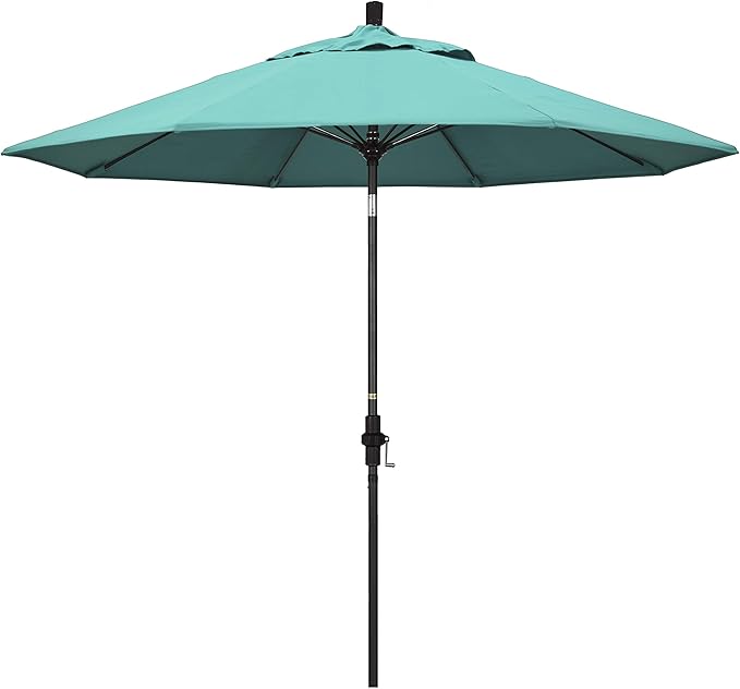 California Umbrella 9' Round Aluminum Pole Fiberglass Rib Market Umbrella, Crank Lift, Collar Tilt, Black Pole, Sunbrella Spectrum Mist