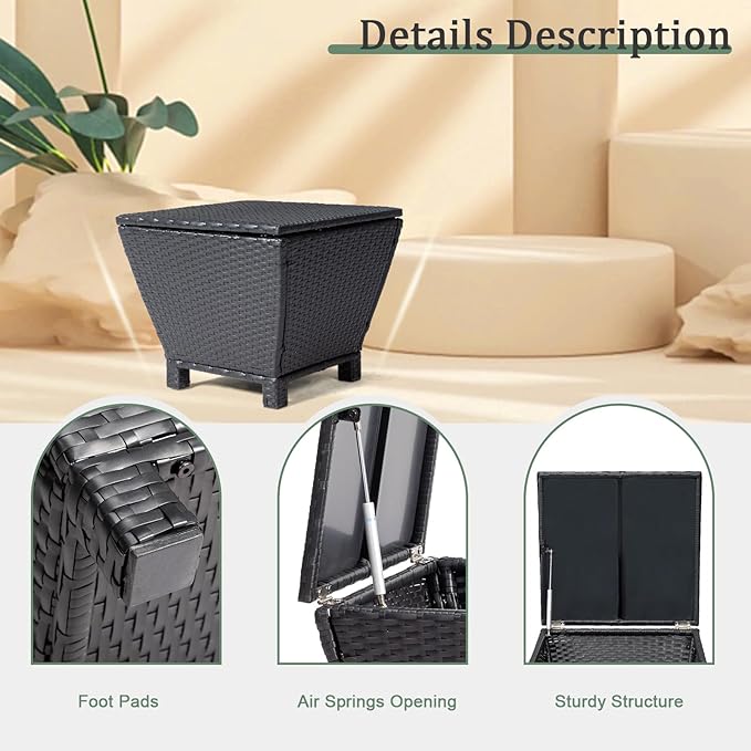 Outvita Outdoor Side Table, Rattan Coffee Table with Storage 13 Gallon Patio Small Deck Storage Box for Cushion Towel Books, Brown Side Table with lid