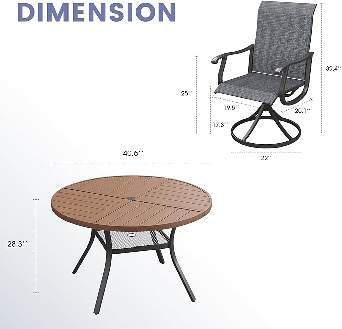 VICLLAX 5 Pieces Outdoor Dining Set, Patio Furniture Set of 4 Patio Swivel Dining Chairs and 40.6" Patio Spliced Round Tabletop with Storage Shelf, Dark Charcoal Chairs & Walnut Tabletop