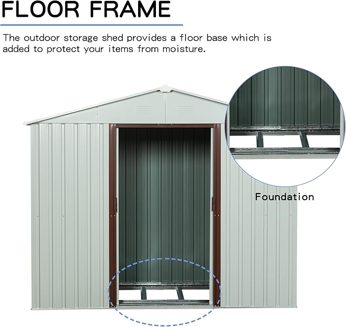 8 x 4 FT Outdoor Storage Shed, Metal Garden Shed with Floor Frame, Tool Shed Outdoor Storage with Lockable Sliding Doors & Air Vents, Storage House Waterproof for Backyard, Lawn, White