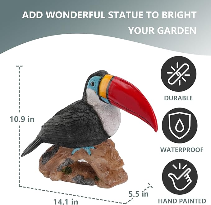 Elenon Toucan on Stump Garden Statue Decorative, Adorable Flower Bed 11 inch High Lifelike Bird Animal Outdoor Decor, Funny Yard Patio Art Sculptures Table Ornament, Red Mouth