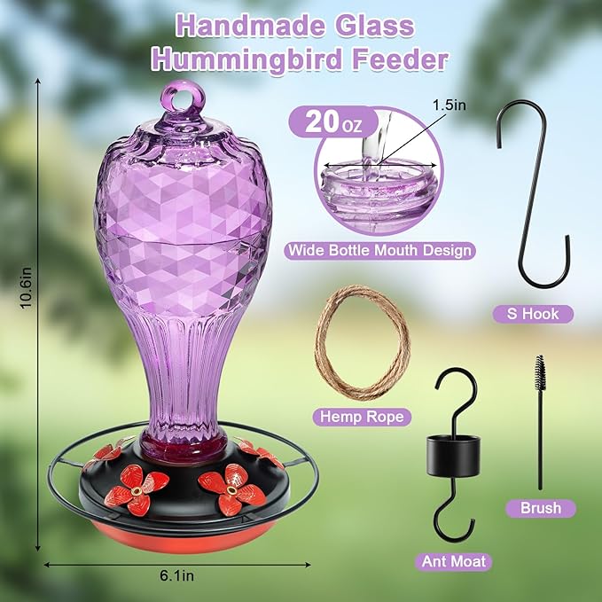 Hand Blown Glass Hummingbird Feeder for Outdoors Hanging with Ant Moat, Never Fade, 20 Ounces, Leak-Proof‌, Garden Backyard Decor for Bird Watching, for Mom Dad, Purple