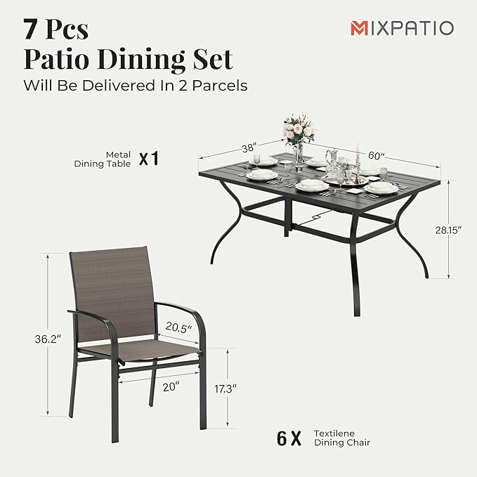 Patio Table and Chairs Set, Patio Dining Set for 6 with Brown Chairs and Metal Rectangular Table for Deck Backyard Lawn Poolside