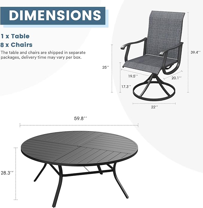 DIFY 9 Pieces Outdoor Patio Dining Set, 8 Dark Grey Textilene Swivel Dining Chairs and 59.8" Black Round Metal Dining Table, Outdoor Table and Chairs