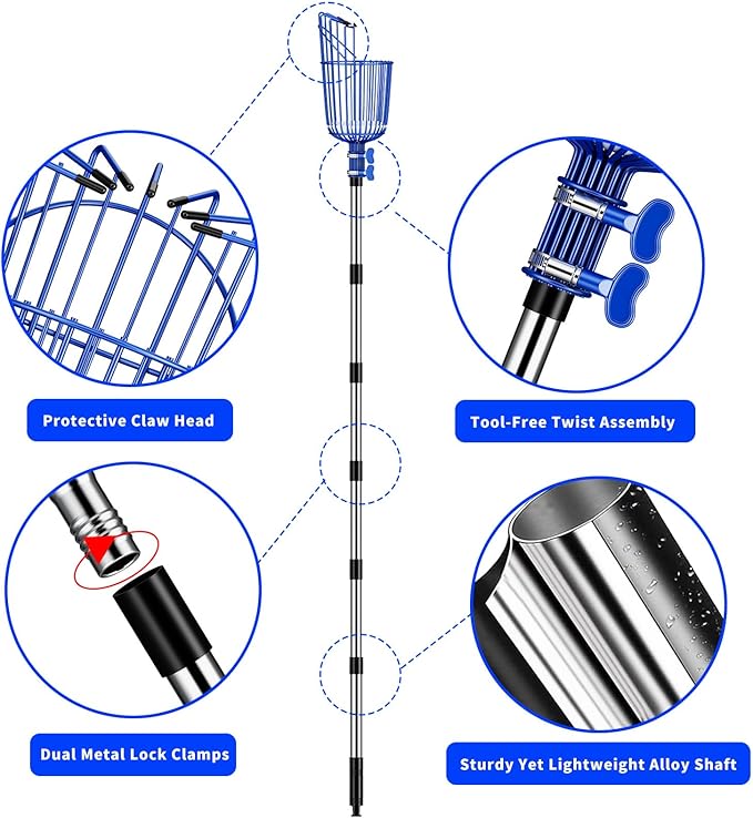 Fruit Picker Pole with Basket Segmented Fruit Picker Pole Tool for Apple Avocado Cherry Lemon Mango Orange Peach Picking(40-160")