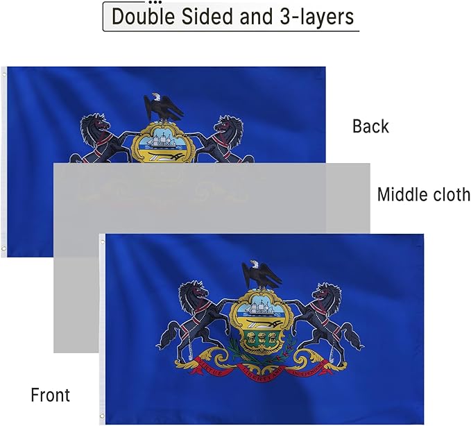 Bradford Double Sided Pennsylvania State Flag 3x5 feet Outdoor, 3 Ply Polyester Pennsylvania Flag Heavy Duty PA Flags with 2 Brass Grommets for Outsides Long Lasting