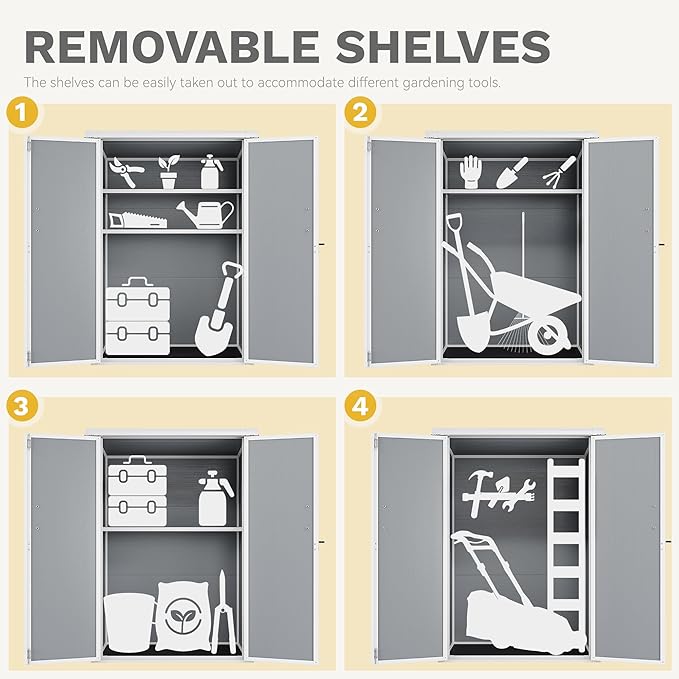 DWVO 49 Cuft Outdoor Tall Storage Shed with 2 Shelves, Weatherproof Vertical Tool Shed with Floor & Lockable Doors, Sturdy Double-Wall Plastic Cabinet for Garbage Cans and Garden Equipment (Gray)
