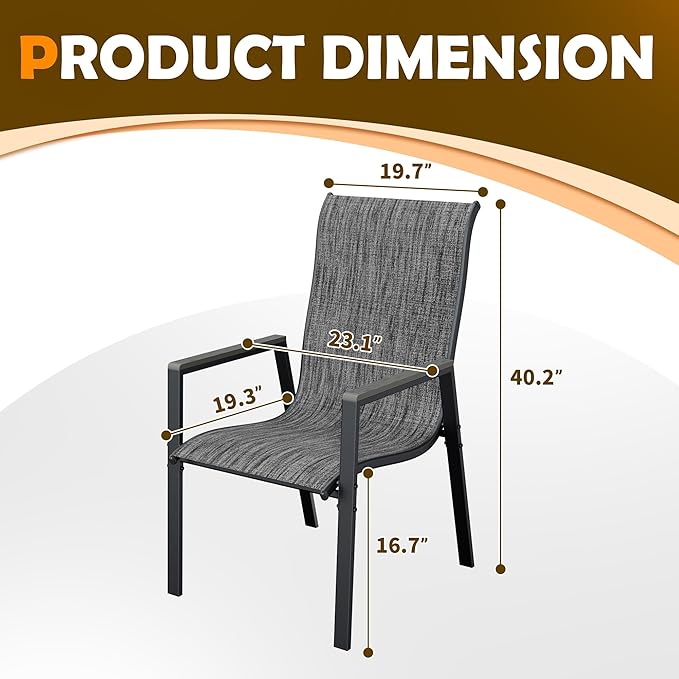 UDPATIO Patio Chairs Set of 6, Stackable Outdoor Chairs with All Weather Breathable Textilene, High Back Metal Frame for Lawn Garden Backyard Deck, Dark Grey