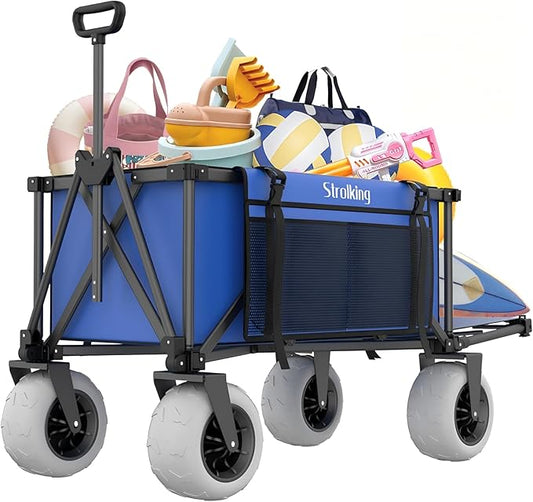 51" L Beach Wagon with 9" Sand Wheels,260L Collapsible Beach Cart with Rear Tailgate,Heavy Duty Wagon for Sand, Camping, Fishing and Sport,Blue