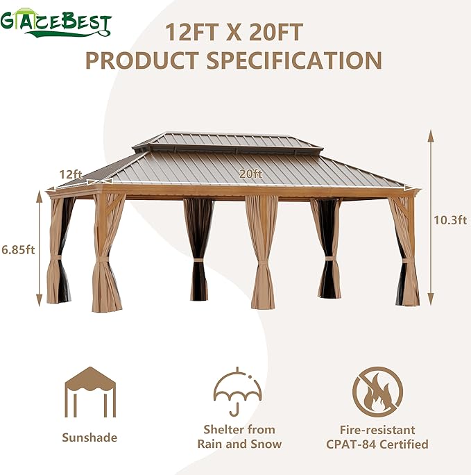 12' X 20' Hardtop Gazebo, Aluminum Wood-Looking Frame Outdoor Permanent Galvanized Steel Double Roof Pavilion Pergola Canopy with Privacy Curtains for Garden, Patio, Backyard, Deck and Lawns.