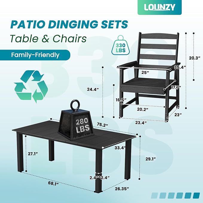 LOUNZY 5 Pieces Patio Dining Sets, Outdoor HDPE Furniture Set for 4 w/ 2" Hole Cut-Out Dining Table with 4 Patio Chairs for Pool, Lawn and Garden,Black