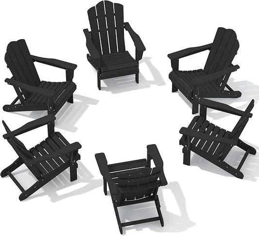 KINGYES Folding Adirondack Chair Set of 6, HDPE All-Weather Patio Chairs, Wooden Textured Lawn Chair for Poolside, Backyard, Deck, Fire Pit, Black