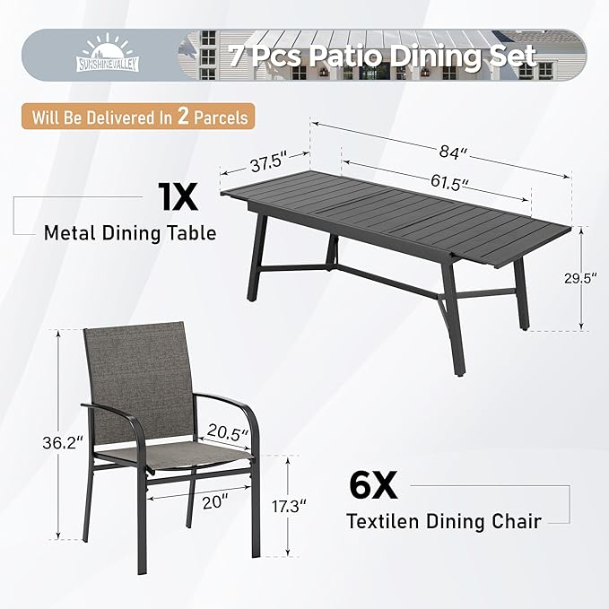 Outdoor Dining Chairs Brown Set of 6,61.4x37.4x29.5” Rectangular Dining Table（Extendable）,Patio Dining Set 7 PCS,Patio Dining Set for Outdoor Kitchen Lawn Garden,Bistro,Deck.