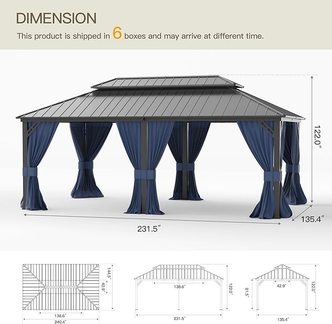 12'x20' Hardtop Gazebo,Double Roof, Outdoor Galvanized Steel Metal Gazebo with Curtains and Netting for Patios, Gardens, Lawns, NavyBlue
