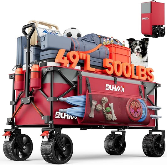 49" L Collapsible Extended Wagon with 500lbs Weight Capacity,300L Heavy Duty Sports Wagon,Big All-Terrian Wheels with Cup Holders,Cart for Sports,Grocery,Shopping,(Rosepink)