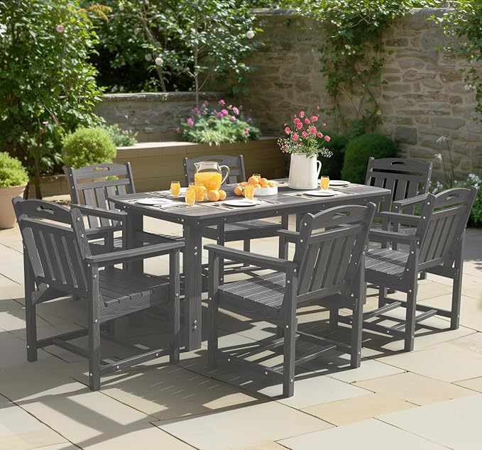 Ciokea HDPE Outdoor Dining Set 7-Piece Patio Table and Chairs with Umbrella Hole, All-Weather Patio Dining Set for 6, Durable Patio Furniture Set for Backyard, Garden, Lawn & Poolside, Grey