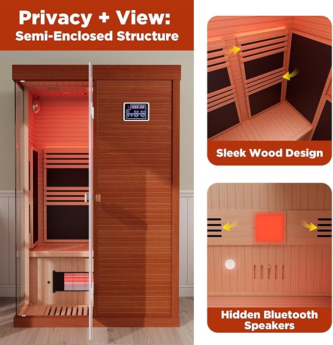 OnxyEdge 2-Person Full Spectrum Sauna with 6.5 * 6.5" Red Light Therapy & 2 Built-in Speakers, Indoor Dry Sauna 1990W/120V with Dual LED Controls for Home & Gym – Canadian Hemlock Spa Room (Wood)