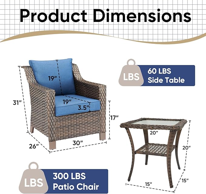 3 Pieces Patio Furniture Set-Wicker Patio Chairs Set of 2 with Tempered Glass End Table Outdoor Patio Chairs for Deck Balcony Poolside Backyard-Brown/Blue