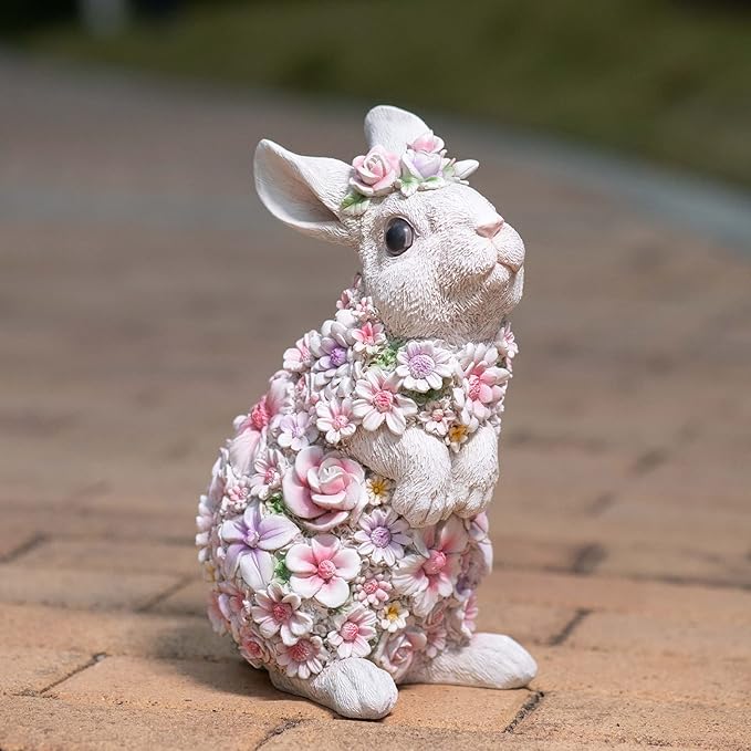 Colorful Flower Rabbit Statue - Indoor and Outdoor Garden Decoration Statue Unique Garden Art, Cheerful Home Decor, for Easter, Spring, and New Homes (10inch)