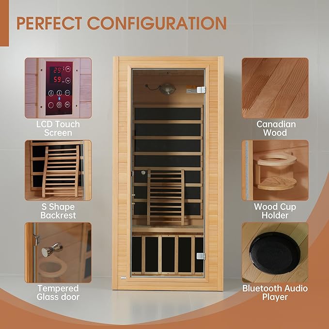 springspa Far Infrared Sauna for Home, Near Zero EMF Wood Home Sauna Room with 1400W, 9 Chromo Therapy Lights, Oxygen Ionizer, Bluetooth, LCD Control Panel for Indoor Use, 1 Person