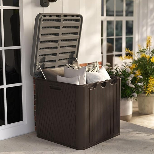 60 Gallon Outdoor Storage Box, Waterproof Patio Deck Box with Lockable Lid, Heavy-Duty HDPE Bench for Garden Tools, Cushions (Brown, 60 Gallon)