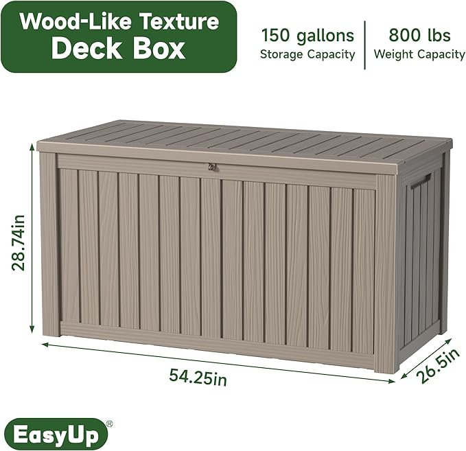 EasyUp 150 Gallon Outdoor Storage Box, Resin Waterproof UV-Resistant Deck Box with Hydraulic Lid Support, Reinforced Stability for Patio, Garden, and Poolside, Striped Gray