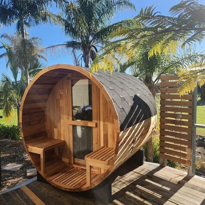 Customize Wood Burning Outdoor Sauna 2-3 Person, Customize Outdoor Steam Saunas, Panaromic Glass, Outside Sauna Room with Backrest Headrest, Wood Stove Saunas (0-195℉)