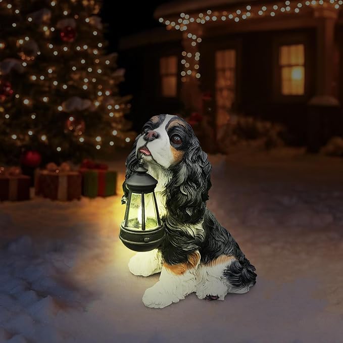 Cavalier King Charles Spaniel Statue Outdoor Decorations – Outdoor Dog Statue Black and White Cavalier King Charles Spaniel with Replaceable Solar Light & Welcome Sign for Lawn Décor