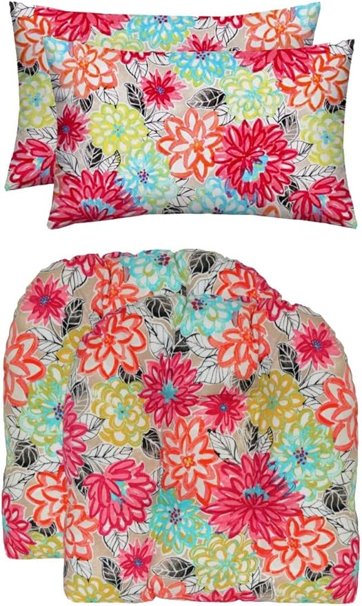 RSH DECOR: Tufted U-Shapes & Lumbars 2 of Each | 19” x 19” & 20" x 12" | Water-Resistant Spun Fabric | Outdoor Wicker Cushions & Support Pillows for Patio Furniture | Artistic Floral