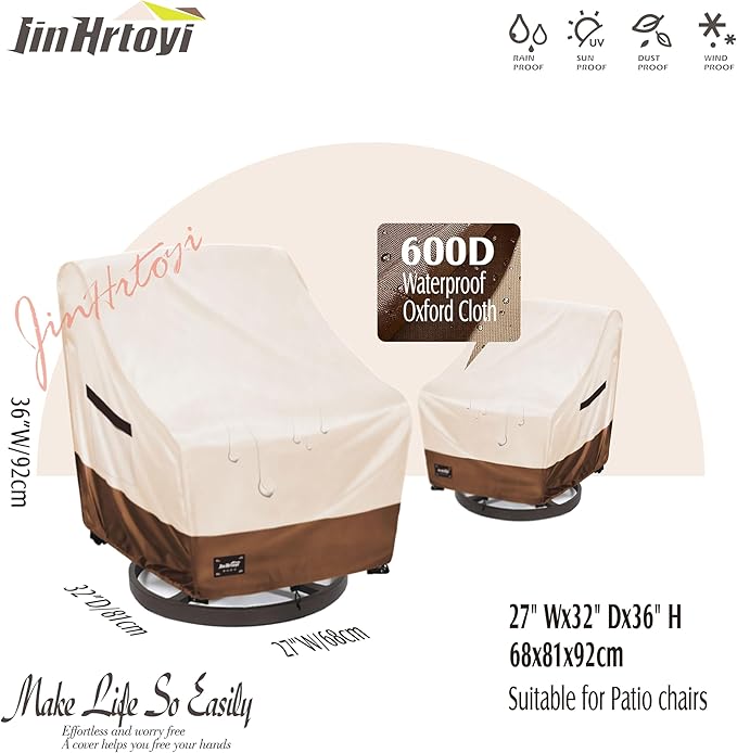 Outdoor Chair Covers 2 Pack, (27W x32D x37H inches)100% Waterproof Heavy Duty Patio Furniture Covers ,Outdoor Furniture Covers Waterproof for Patio Chair Covers,Beige&brown