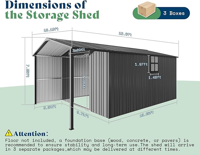 AMERLIFE 10x16.6x7.3 FT Metal Storage Shed with Lounge Area, Sliding Doors, 2 4-Pane Windows & Vents, Outdoor Tool Shed for Garden & Backyard, Heavy-Duty Weather-Resistant Steel, Dark Gray