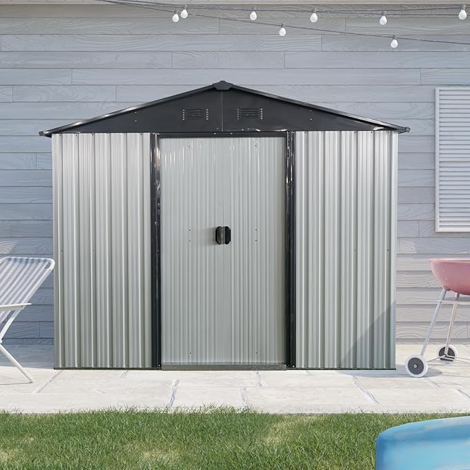 8ft 4ft Outdoor Metal Storage Shed with Sliding Door & Foundation – Durable, Weather -, Lockable for, Tools & Equipment (White + Black) (1 Doors)