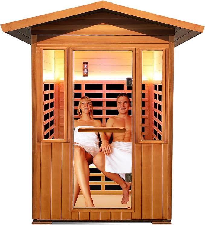 Outdoor Sauna 2 Person 1800W/110V Low EMF Dry Sauna Infrared Sauna for Home Inner Board Hemlock Wood/Outer Board Red Cedar, 8 Heating Panels with LCD Control Panel/Speaker and Tempered Glass Door