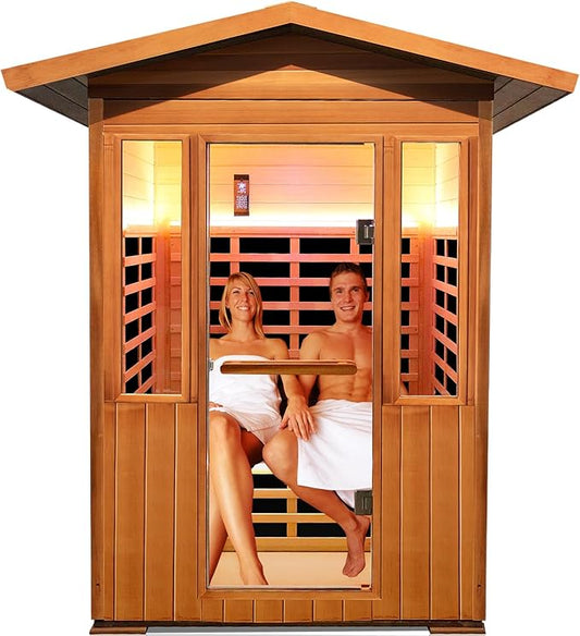 Outdoor Sauna 2 Person 1800W/110V Low EMF Dry Sauna Infrared Sauna for Home Inner Board Hemlock Wood/Outer Board Red Cedar, 8 Heating Panels with LCD Control Panel/Speaker and Tempered Glass Door