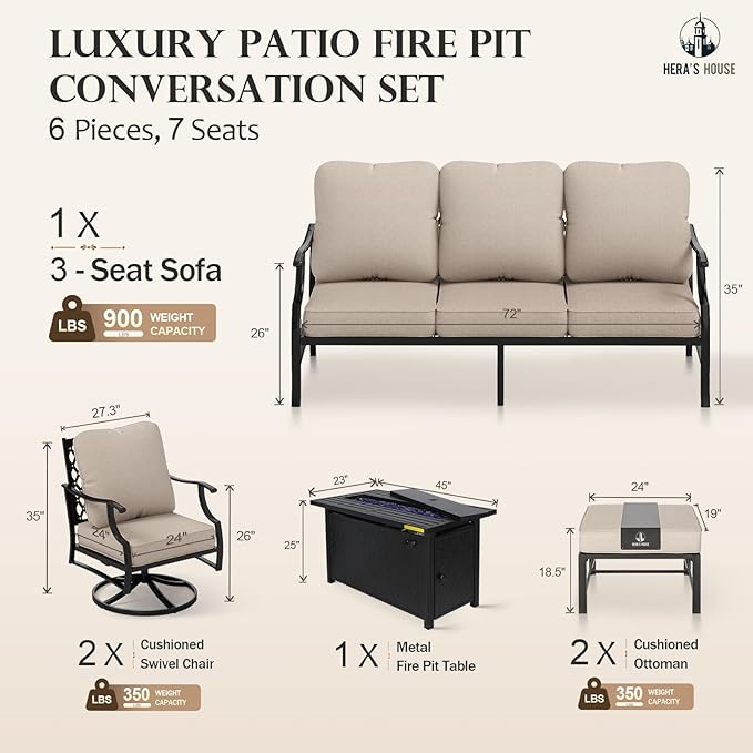 HERA'S HOUSE 6 Pieces Patio Furniture Set with Fire Pit Table, 2 x Swivel Chair, 2 x Ottoman, 3-Seat Sofa with 45" Fire Pit Table, Outdoor Conversation Set for Garden Poolside Backyard Deck