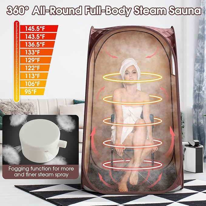 COSTWAY Portable Steam Sauna, Full-Body Personal Sauna Tent w/ 3L Steam Generator, Foldable Chair, Foot Massager, Timer, Remote Control, Indoor Pop-up Sauna Tent for Home Spa Relaxation (Coffee)