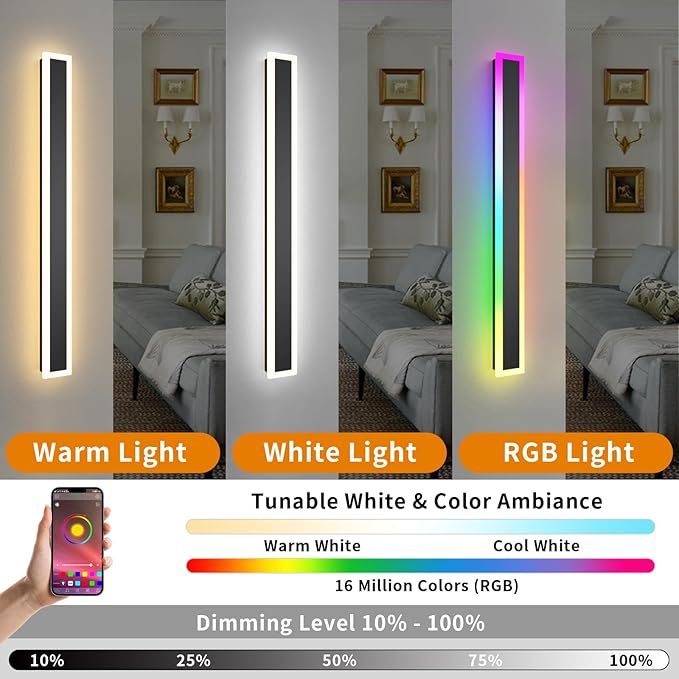 2 Pack Outdoor RGB Long Wall Lights, 57 inch Wall Lights RGB/Warm/White Dimmable Modern Led Wall Lighting, Ip65 Waterproof Wall Sconce with Remote APP Control for Outdoor/Indoor Party Gathering