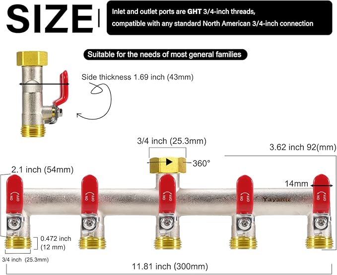 5 Way Garden Hose Splitter, Heavy Duty Brass Nickel Plated Rust Resistant Faucet Manifold, 3/4" Frost Resistant Outdoor Hose Adapter Connector，Hose Spigot Adapter with 5 large red handles