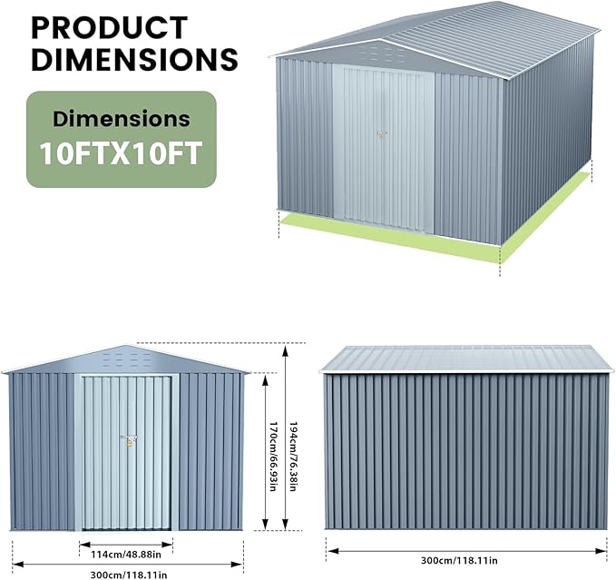 10x10 FT Outdoor Metal Storage Shed, Large Metal Storage Sheds with Sturdy Frame Structure, Garden Tool Shed with Lockable Door for Garden, Lawn, Backyard, Gray
