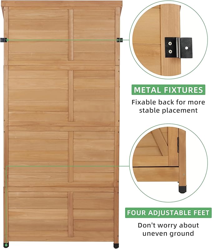 68''x33''x20'' Outdoor Wooden Storage Shed with Metal Top Tall Vertical Tool Cabinet for Backyard Garden Patio Lawn (Gold)