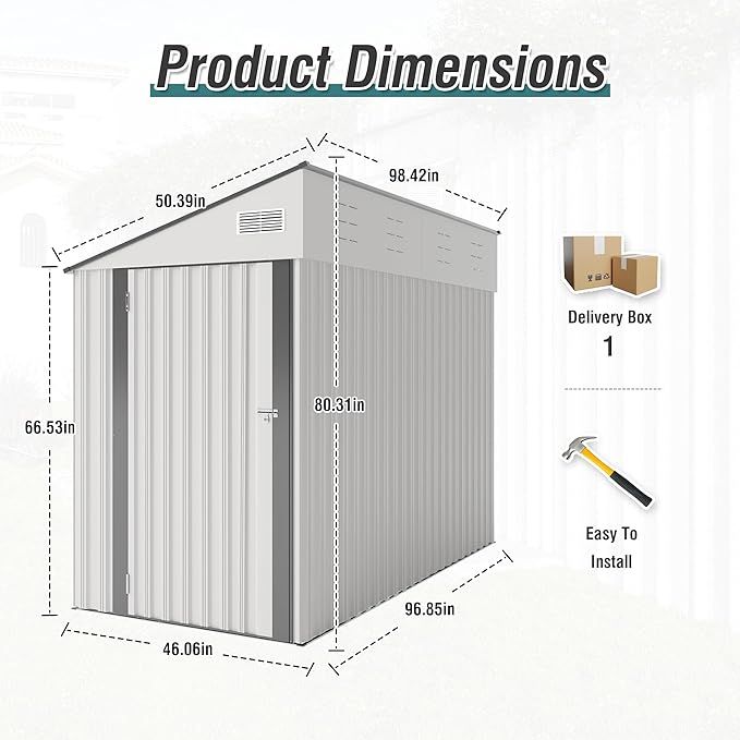8x4 FT Outdoor Storage Shed, Metal Shed with Floor, Lockable Door, Sloping Roof, All-Weather Lean to Resin Shed for Garden, Backyard, Patio, Lawn (White)