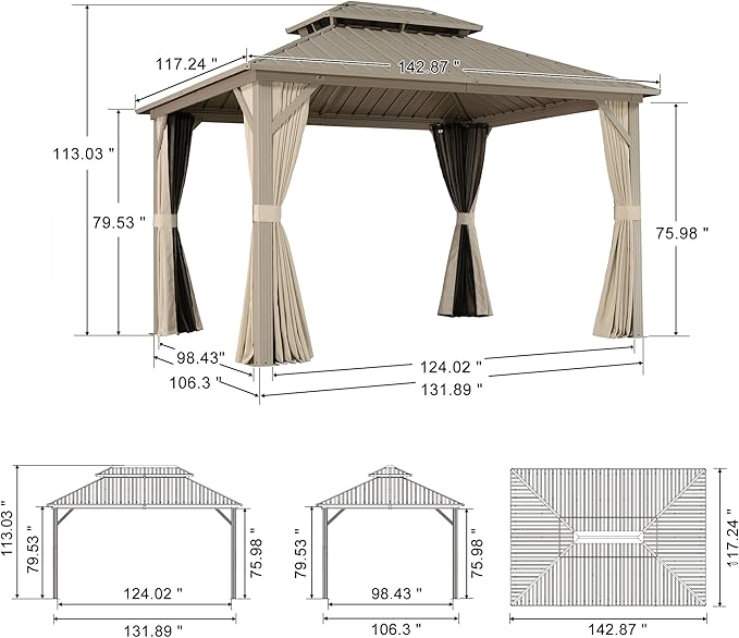 PURPLE LEAF 10' x 12' Outdoor Hardtop Gazebo, Champagne Aluminum Gazebo with Galvanized Steel Double Roof, Curtains and Netting for Patio Lawn and Garden
