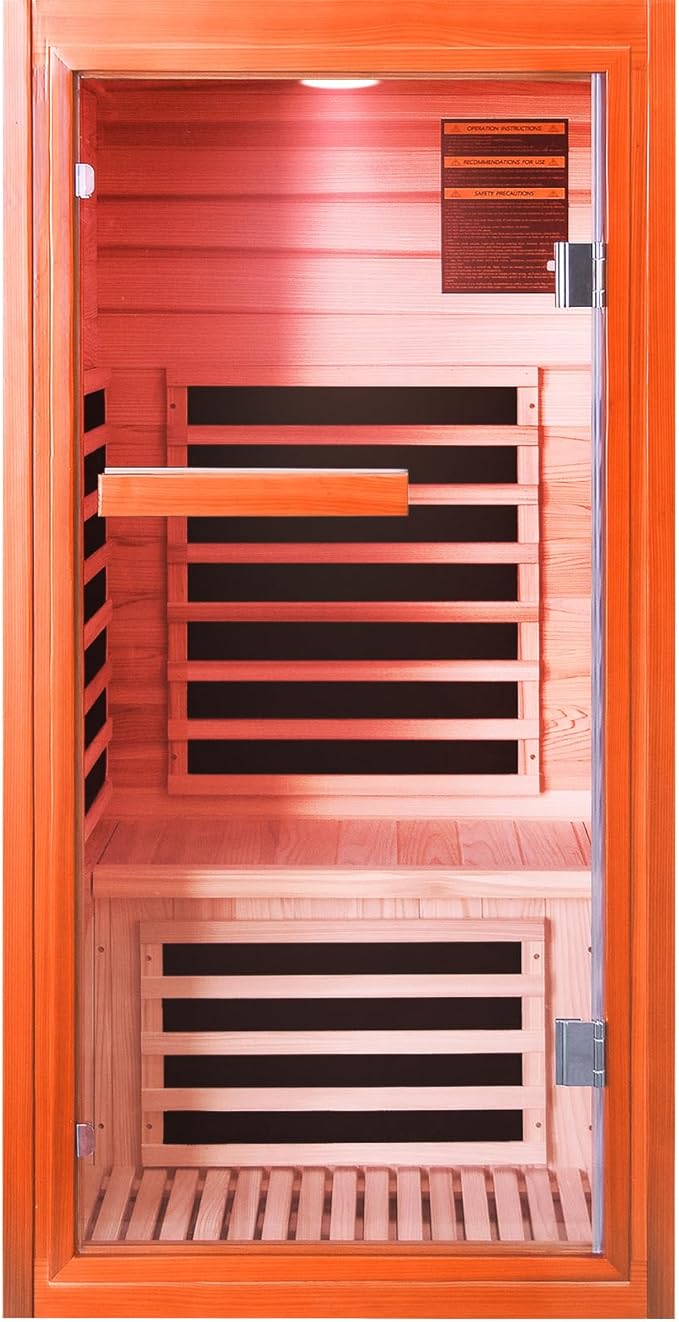 Sauna, Far Infrared Saunas for Home 1 Person Wooden Sauna 1065W/120V Low Emf Dry Sauna Indoor Sauna Room Douglas Fir with Tempered Glass Door/Speakers/Air Hole and Colorful Lighting - 31.5*31.5*63 in