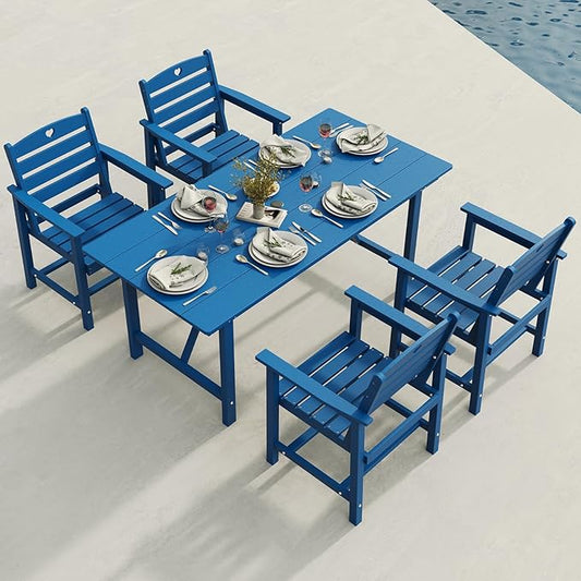 Patio Table and Chairs Set with Umbrella Hole, HDPE Patio Dining Set for 4, Outdoor Dining Set for Lawn, Patio, Porch, Deck, Poolside, Yard (Classic Blue, 5-Piece)